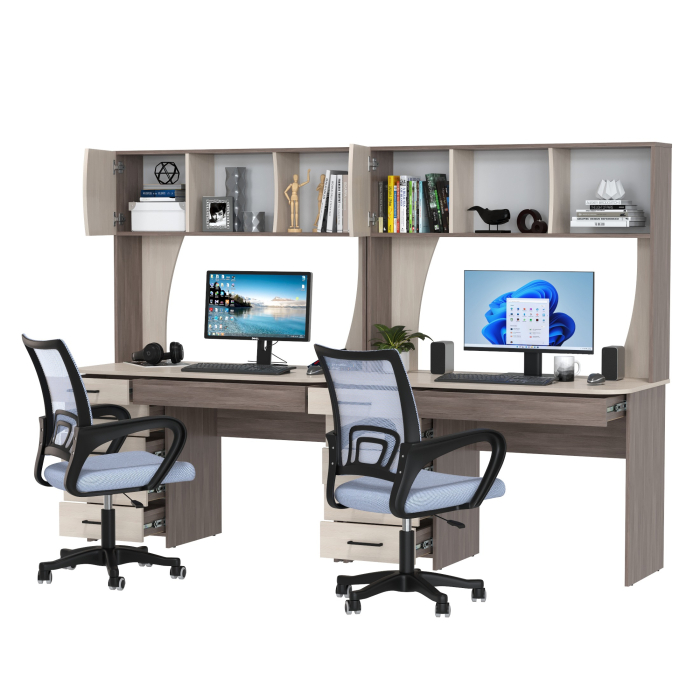 Прямые компьютерные столы, Комплект из двух рабочих столов Сигма и двух компьютерных кресел серых