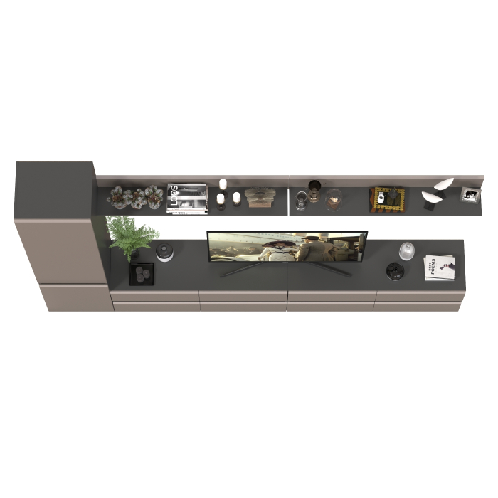 Стенки для гостиной, Две ТВ-тумбы с двумя навесными полочками и шкафом с полками Сидней