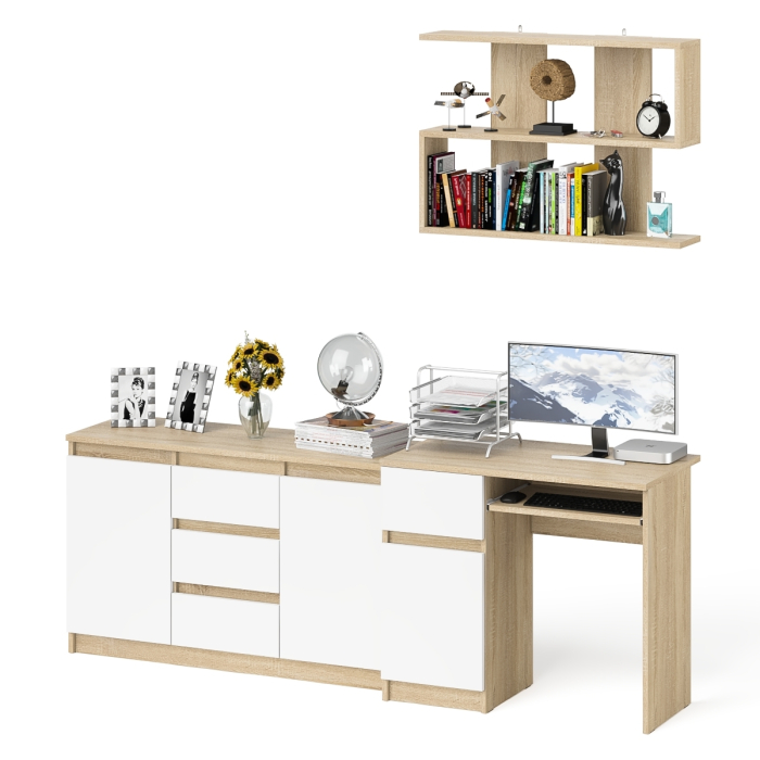 Прямые компьютерные столы, Стол компьютерный Мори МС-1 левый с верхней полкой и комодом с дверками и ящиками