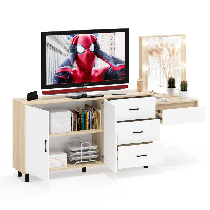 С зеркалом, Косметический навесной столик с подсветкой и комод с ящиками и дверками 123-1604