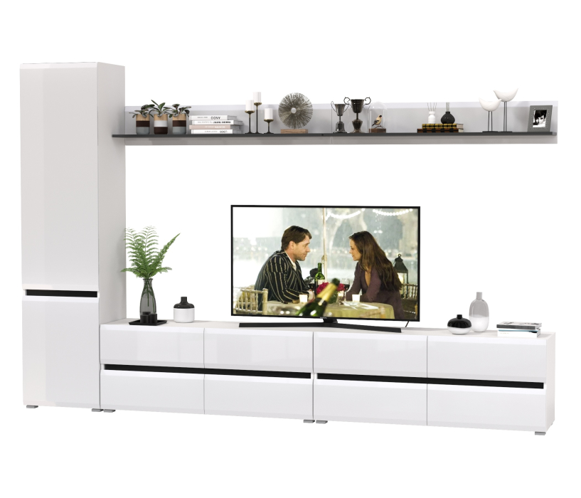 Стенки для гостиной, Две ТВ-тумбы с двумя навесными полочками и шкафом с полками Сидней