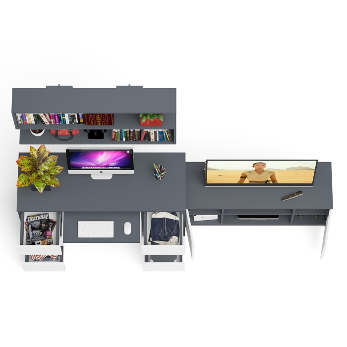 Домашние кабинеты, Письменный стол Мори МС-2 с ТВ-тумбой 1200 и навесной полкой 1200