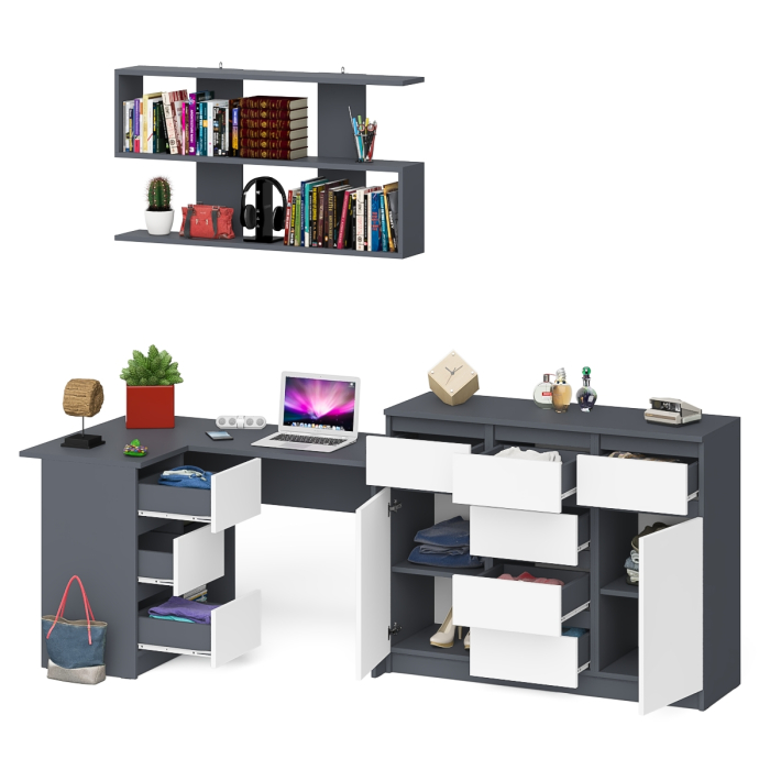 Домашние кабинеты, Стол компьютерный угловой Мори МС-16 левый с комодом МК1200.4 и навесной открытой полкой 1200