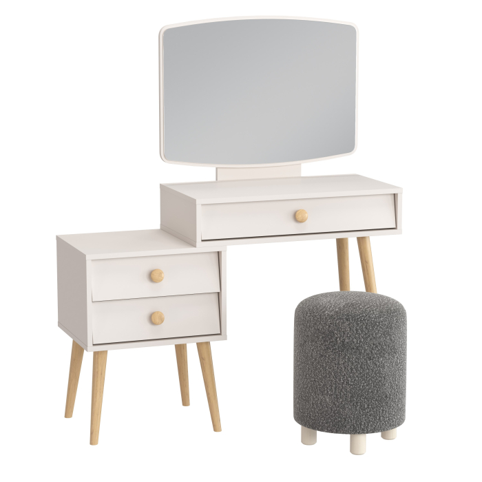 С зеркалом, Пуфик мягкий Марта и туалетный стол в спальню Афина