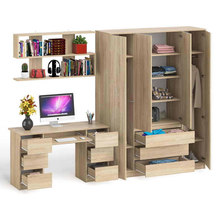 Домашние кабинеты, Большой 4-х дверный шкаф-комод Мори МШ1600.1 и стол с верхней навесной полкой