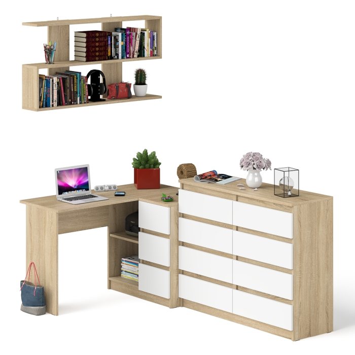 Домашние кабинеты, Стол компьютерный угловой с ящиками Мори МС-16 правый с навесной полкой и комодом МК1200.8