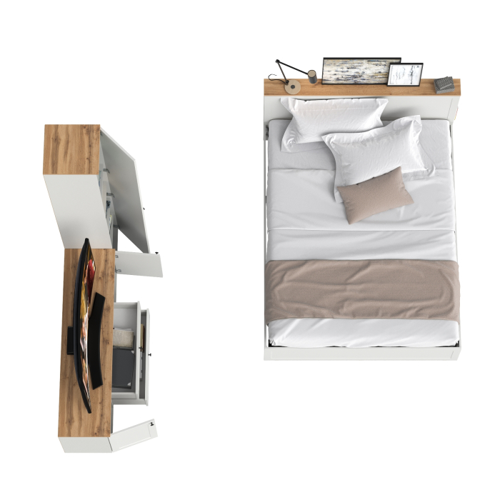 Спальные гарнитуры, Кровать Остин со спальным местом 1600х2000 с ортопедическим основанием с пеналом с полками и тумба под ТВ