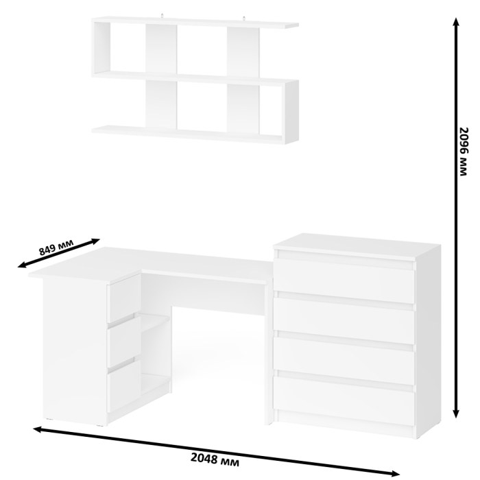 Домашние кабинеты, Стол компьютерный Мори МС-16 с тремя ящиками слева с книжной полкой на 1200 и комод на 4-ре ящика