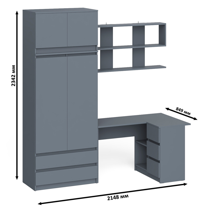 Домашние кабинеты, Стол Мори компьютерный МС-16 правое исполнение с полкой и шкаф-комодом с антресолью