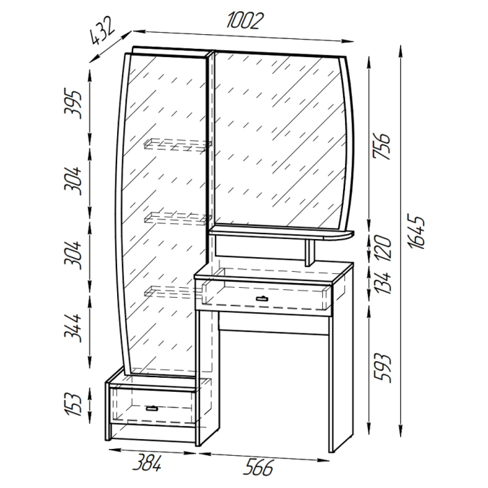 С зеркалом, Трюмо в спальню с большими зеркалами Сицилия 4-25102