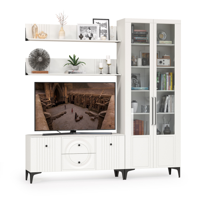 Стенки для гостиной, Сервант со стеклом и ТВ-тумба с двумя верхними полками Валенсия № 59