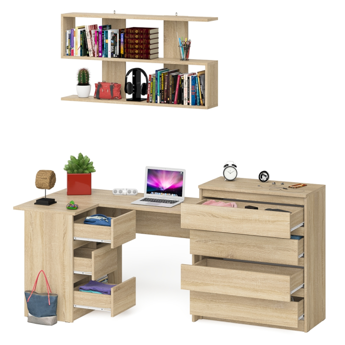 Домашние кабинеты, Стол компьютерный Мори МС-16 с тремя ящиками слева с книжной полкой на 1200 и комод на 4-ре ящика