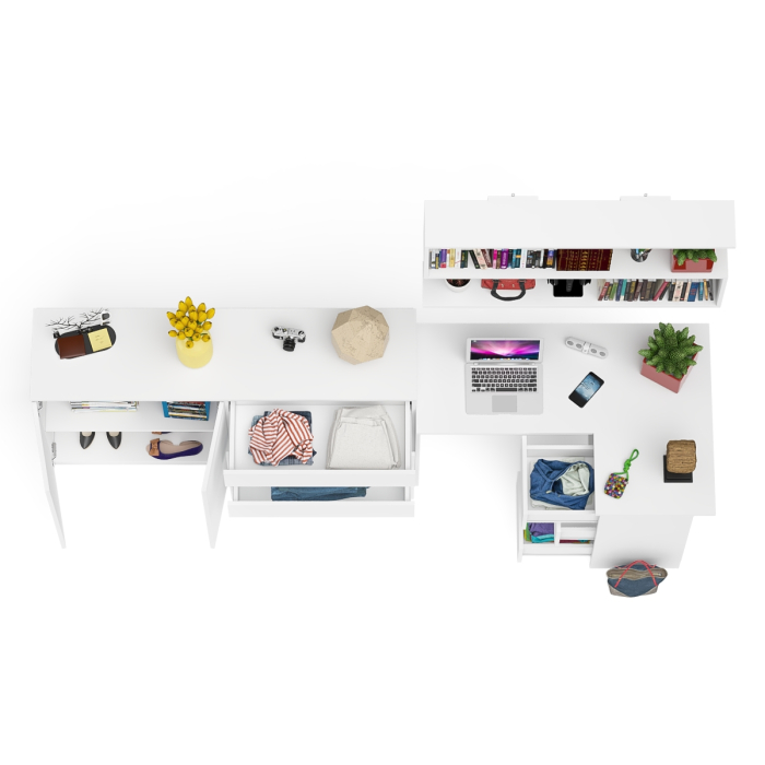 Домашние кабинеты, Тумба-комод МК1600.1 Мори с навесной книжной полкой и угловой компьютерный стол МС-16 правый