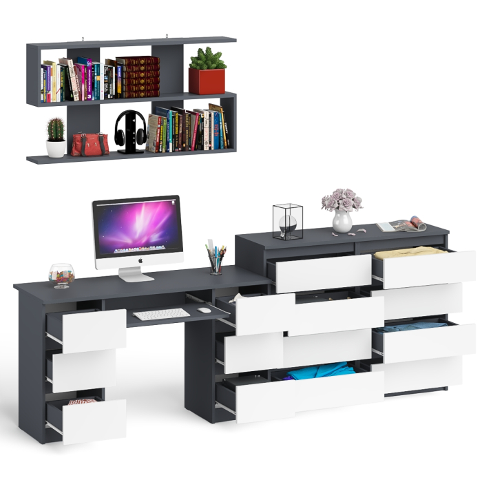 Домашние кабинеты, Полка Мори 1200 с письменным столом Мори МС-2 и комодом на восемь ящиков