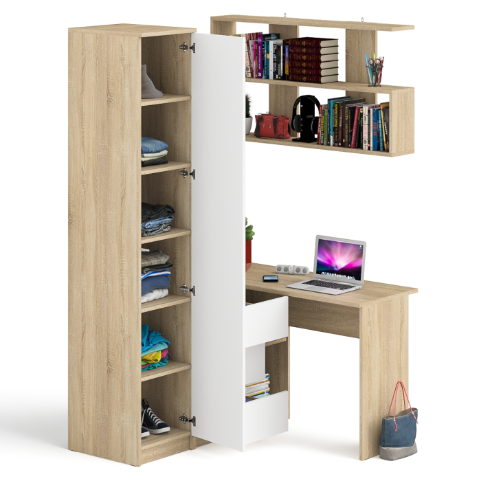 Домашние кабинеты, Угловой компьютерный стол с ящиками Мори МС-16 левый с книжной полкой и пеналом с полками