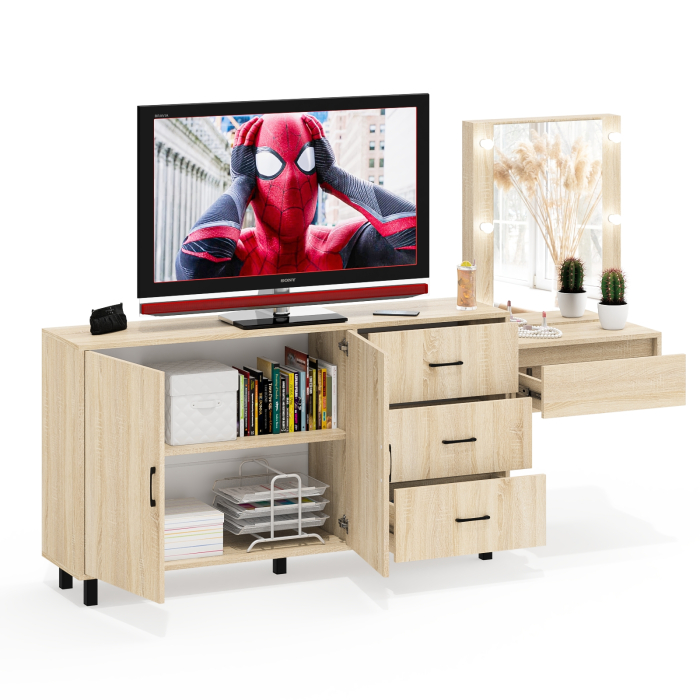 С зеркалом, Косметический навесной столик с подсветкой и комод с ящиками и дверками 123-1604