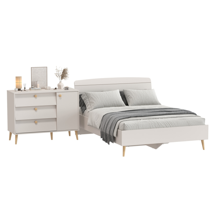 Спальные гарнитуры, Комод на красивых ножках с тремя ящиками и дверкой и кровать Афина 1400 двуспальная