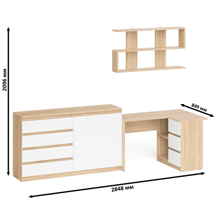 Домашние кабинеты, Тумба-комод МК1600.1 Мори с навесной книжной полкой и угловой компьютерный стол МС-16 правый