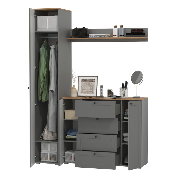 Прихожие, Шкаф-пенал с полками и вешалкой для верхней одежды с комодом и полкой Остин