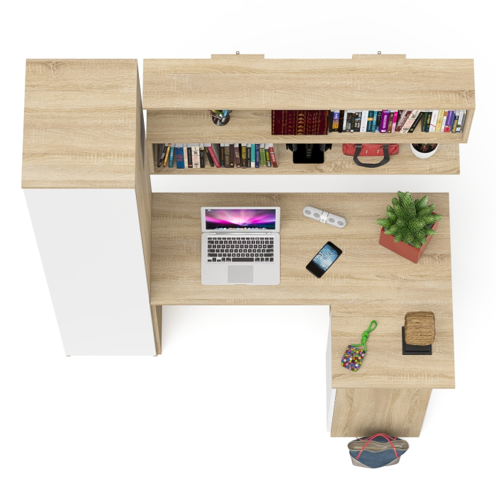 Домашние кабинеты, Стол угловой компьютерный Мори МС-16 правый с пеналом с полками и навесной открытой полкой 1200