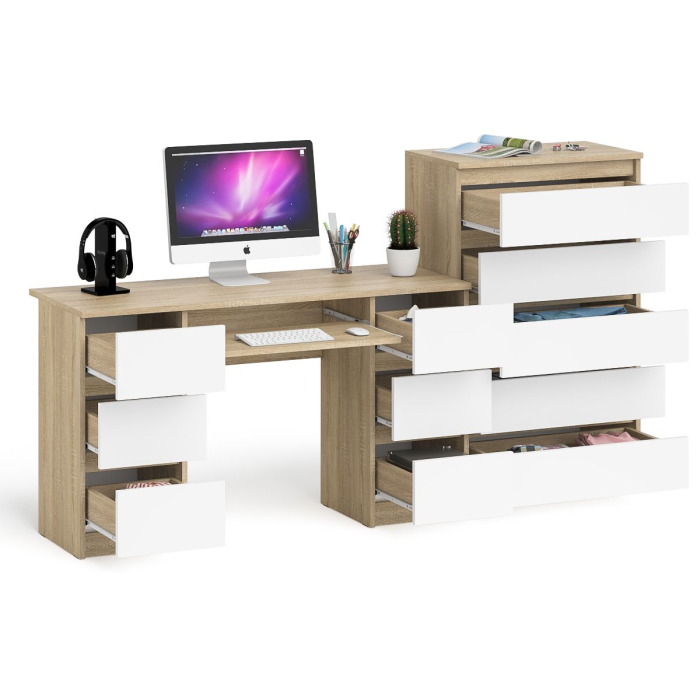 Домашние кабинеты, Комод высокий Мори МК700 5-ть ящиков с двухтумбовым компьютерным столом МС-2