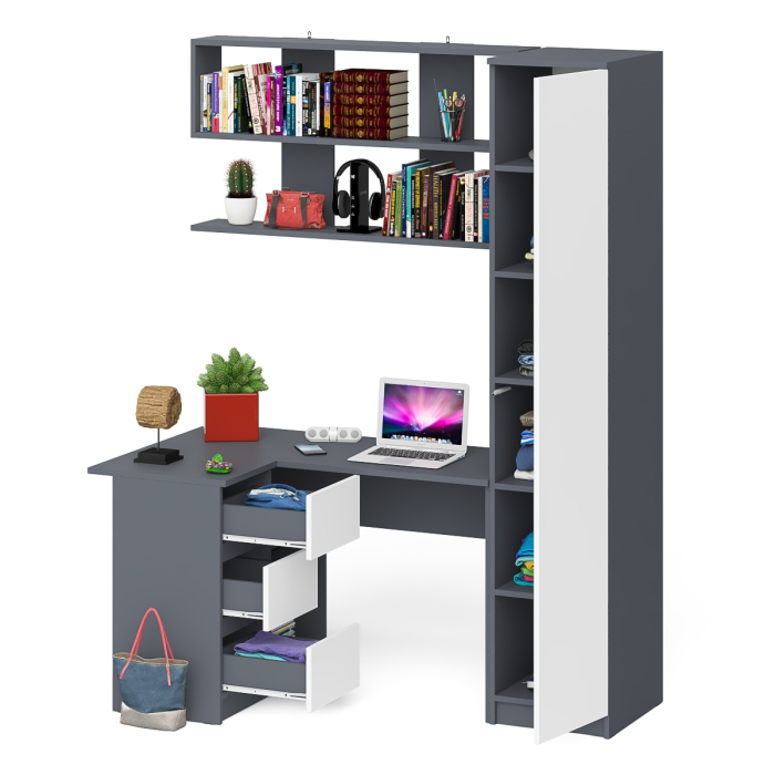 Домашние кабинеты, Угловой компьютерный стол с ящиками Мори МС-16 левый с книжной полкой и пеналом с полками