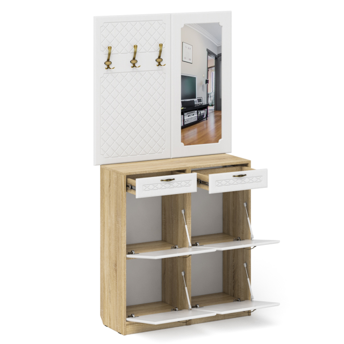 Прихожие, Две тумбы для обуви с ящиками с вешалкой и зеркалом П-6 № 05 МДФ фрезеровка ромб