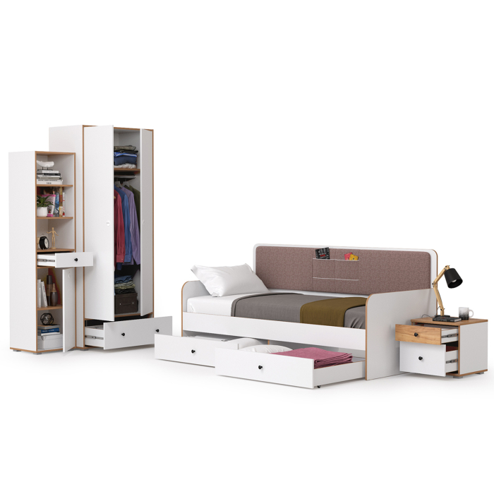 Для девочек, Вуди кровать, тумба, пенал и шкаф для одежды компоновка № 40