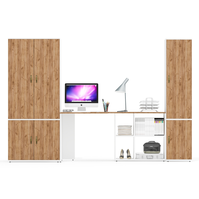 Домашние кабинеты, Шкаф для белья глубокий с пеналом с полками для бумаг и рабочий стол Лидер-8