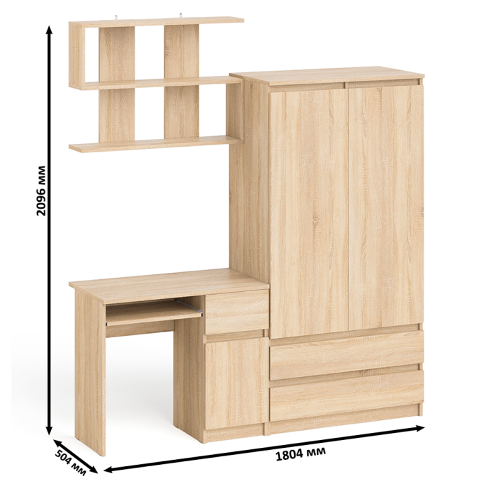 Домашние кабинеты, Стол компьютерный с ящиком МС-1 правый с навесной полкой и шкаф-комод МШ900.1 Мори