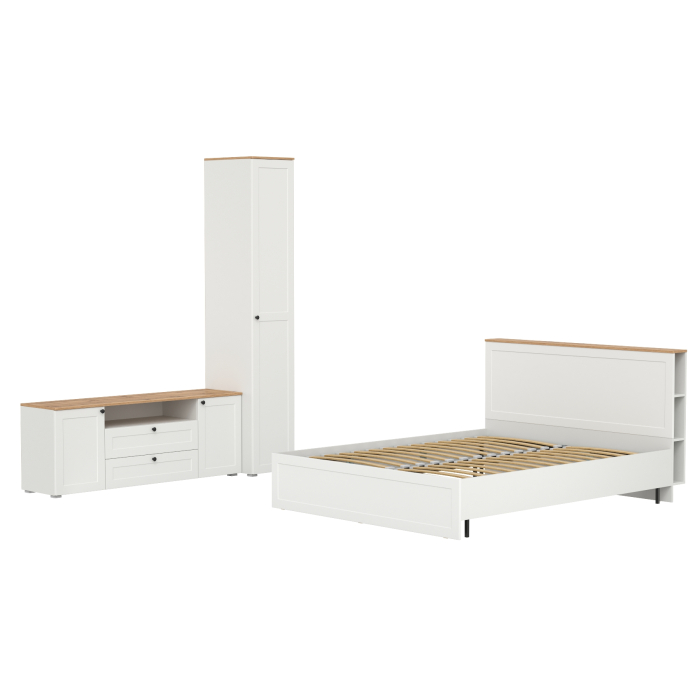 Спальные гарнитуры, Кровать Остин с ортопедическим основанием для матраса 1600х2000 с тумбой для аппаратуры и шкафом-пеналом