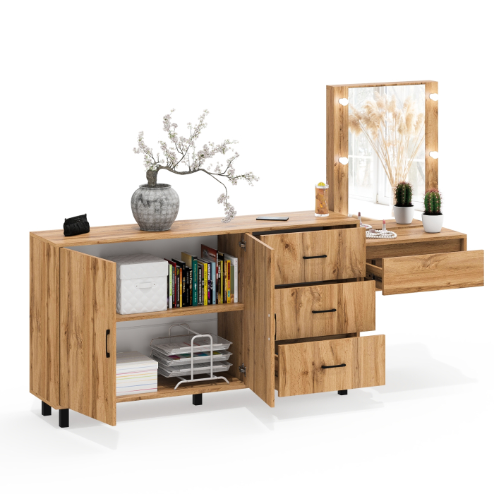 С зеркалом, Косметический навесной столик с подсветкой и комод с ящиками и дверками 123-1604