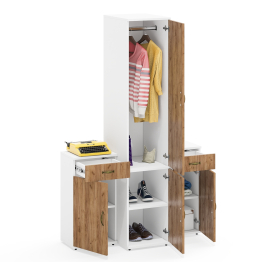 Глубокий узкий шкаф с вешалкой и полкой и две тумбы с выдвижным ящиком и дверкой Лидер-8