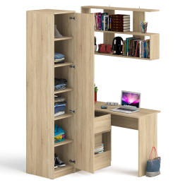 Угловой компьютерный стол с ящиками Мори МС-16 левый с книжной полкой и пеналом с полками
