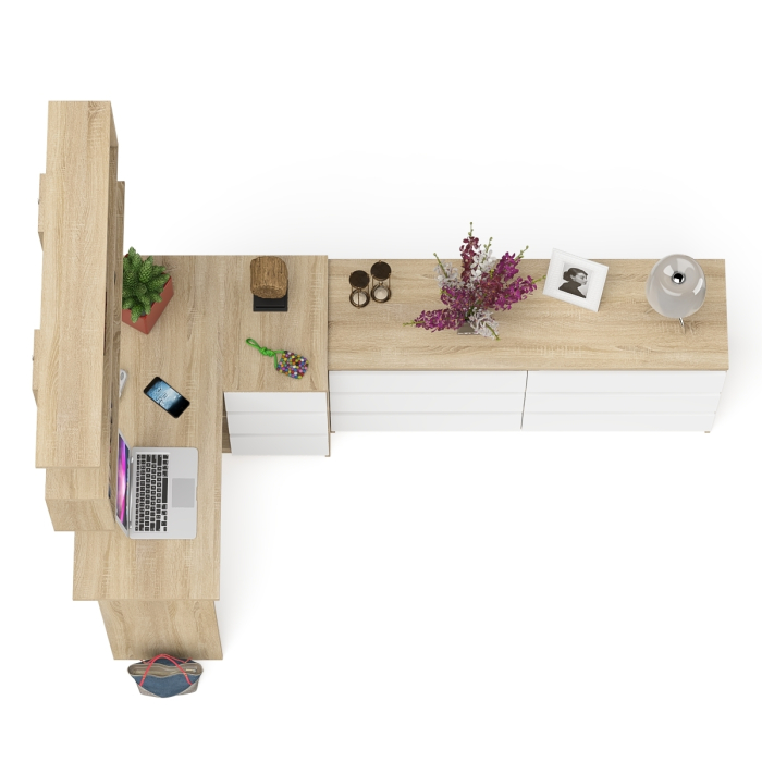 Домашние кабинеты, Комод широкий 6-ть ящиков Мори МК1380.6 с угловым компьютерным столом МС-16 правым и открытой книжной полкой