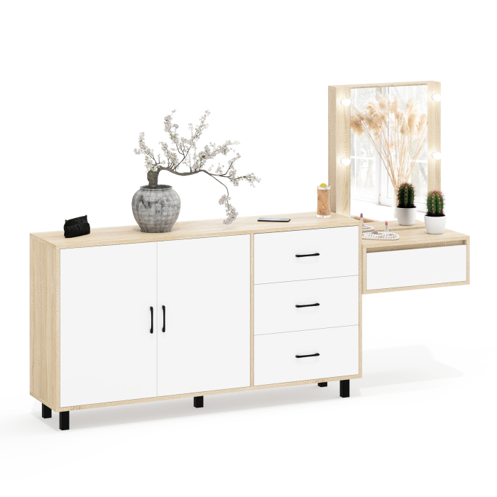 С зеркалом, Косметический навесной столик с подсветкой и комод с ящиками и дверками 123-1604