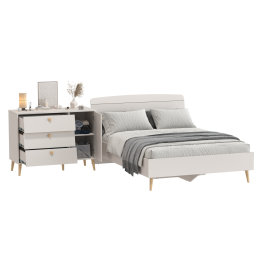 Комод на красивых ножках с тремя ящиками и дверкой и кровать Афина 1400 двуспальная