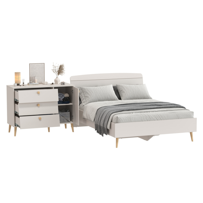 Спальные гарнитуры, Комод на красивых ножках с тремя ящиками и дверкой и кровать Афина 1400 двуспальная