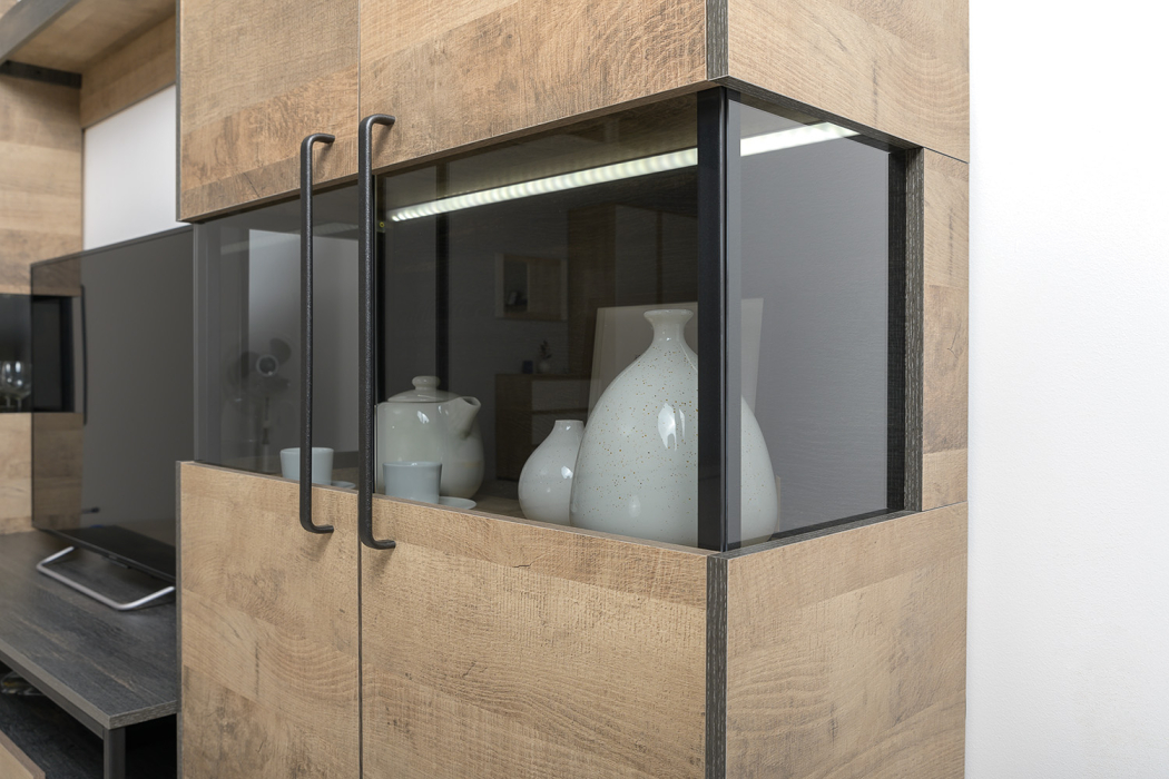 Стенки для гостиной, Тумба для телевизора с навесной полкой с комодом и пеналом с подсветкой Трувор