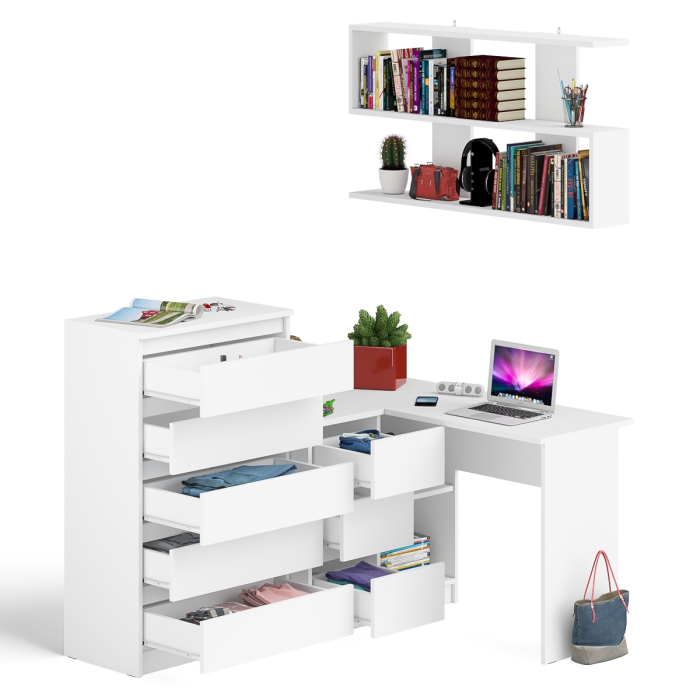 Домашние кабинеты, Угловой компьютерный стол Мори МС-16 левый с навесной полкой и высоким комодом на 5-ть ящиков