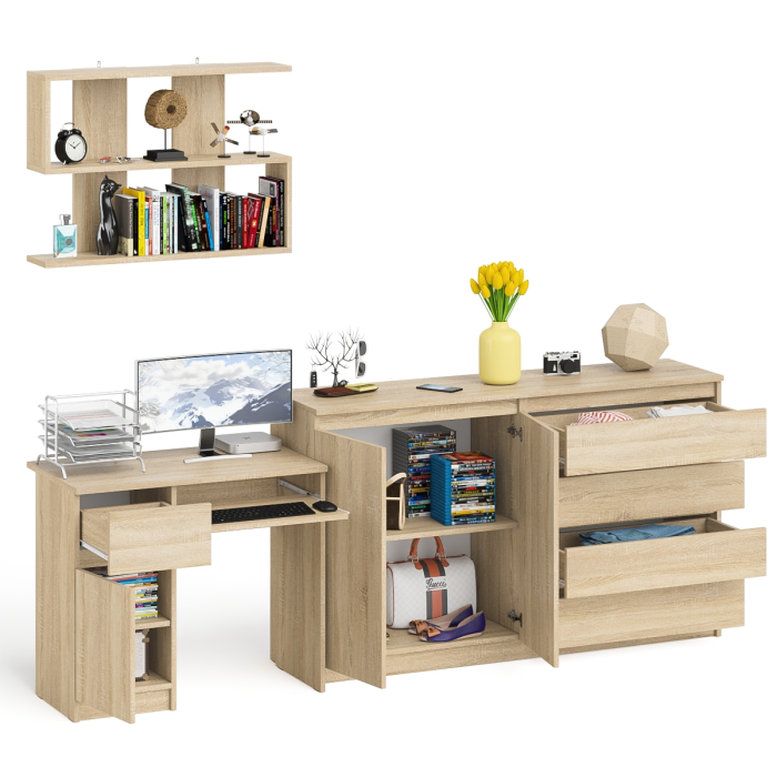 Прямые компьютерные столы, Стол компьютерный дверка и выдвижной ящик слева с комодом МК1600.1 и полкой Мори 900