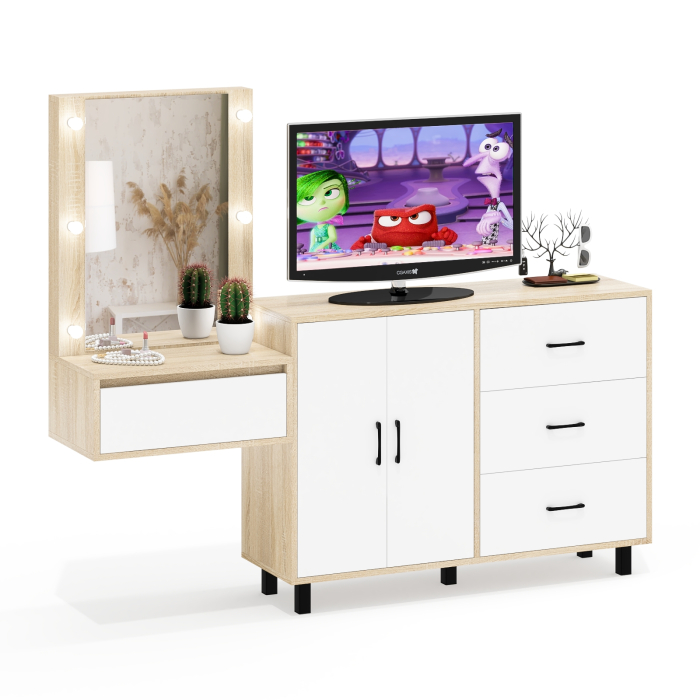 С зеркалом, Стол косметический навесной с подсветкой и тумба-комод 123-1204.