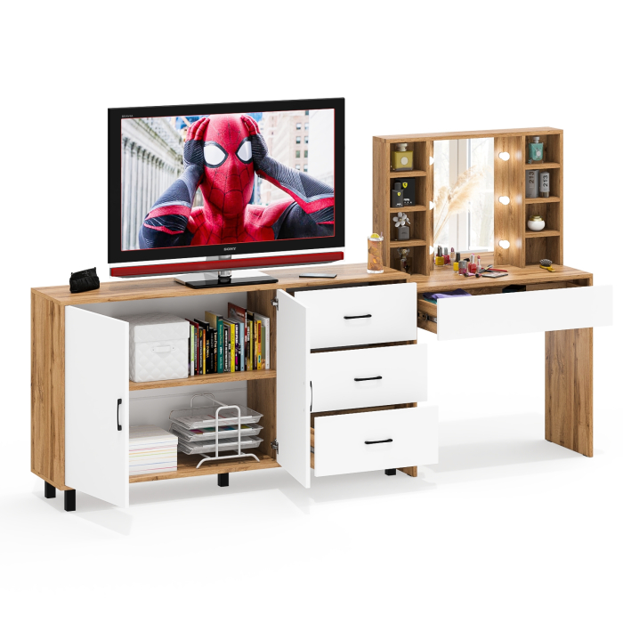 С зеркалом, Косметический cтол с подсветкой и ящиком 115 и комод 123-1604