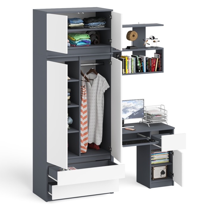 Домашние кабинеты, Шкаф с антресолью Мори МА900.1 с компьютерным столом МС-1 правым и книжной полкой