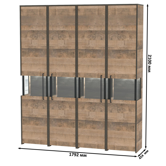 Стенки для гостиной, Четыре шкаф-пенала с витриной и подсветкой в индустриальном стиле в гостиную Трувор