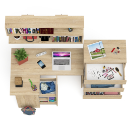 Угловой компьютерный стол Мори МС-16 левый с навесной полкой и высоким комодом на 5-ть ящиков