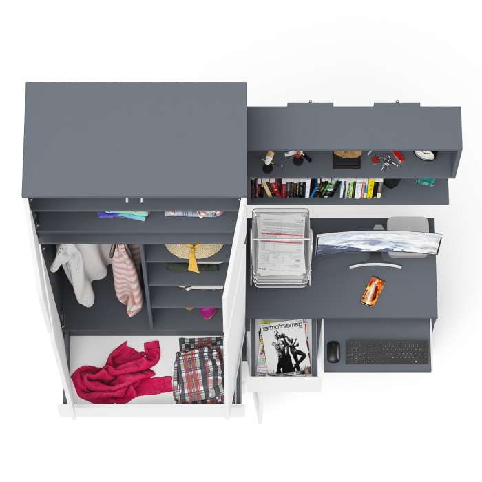 Домашние кабинеты, Стол однотумбовый Мори МС-1 левый с полкой навесной и комодом-шкафом с антресолью