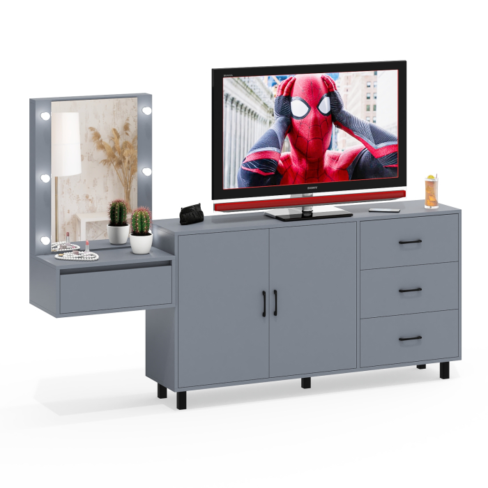 С зеркалом, Косметический навесной столик с подсветкой и комод с ящиками и дверками 123-1604