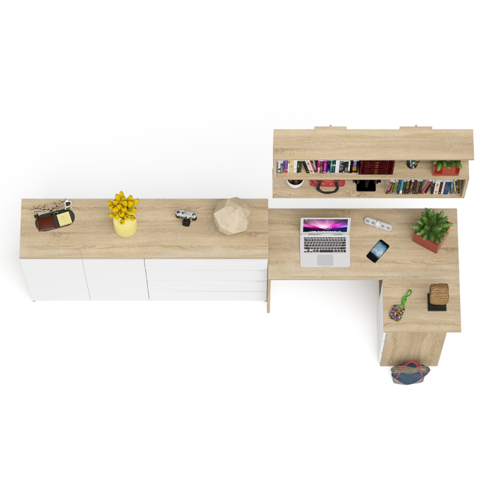 Домашние кабинеты, Тумба-комод МК1600.1 Мори с навесной книжной полкой и угловой компьютерный стол МС-16 правый