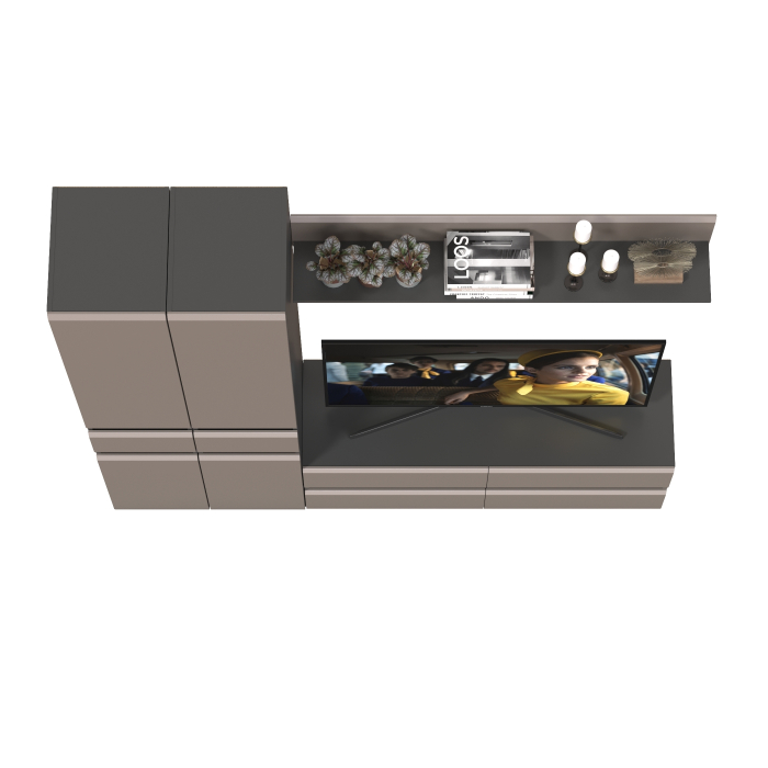 Стенки для гостиной, Тумба-ТВ с открытой навесной полочкой и два пенала Сидней с ящиками